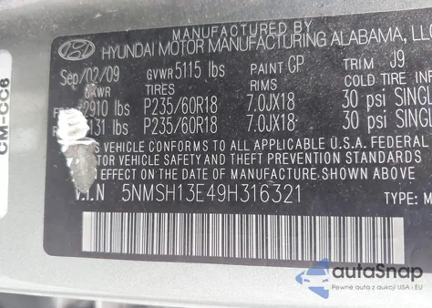 2009 Hyundai Santa Fe Limited from USA, damaged, VIN 5NMSH13E49H316321